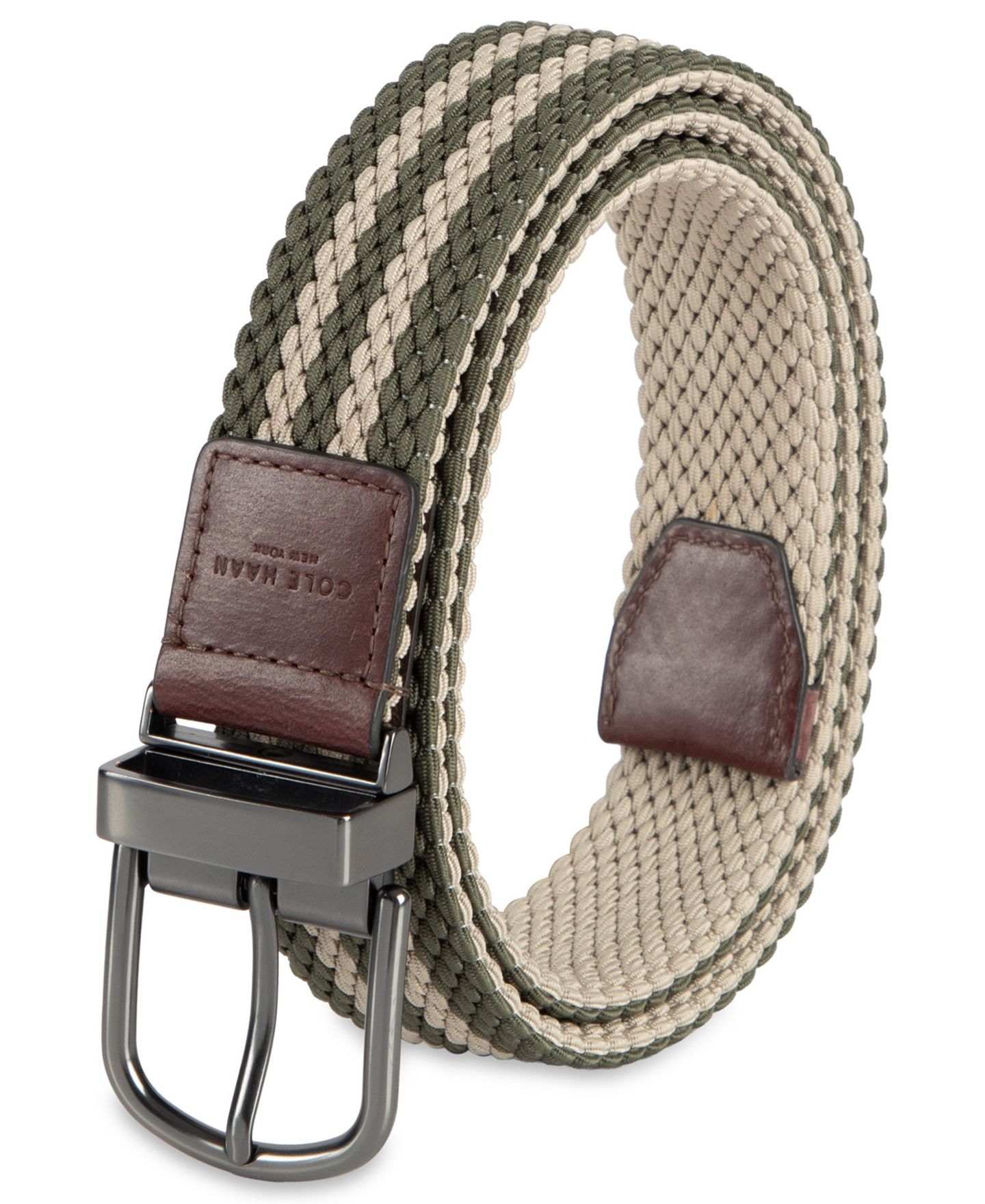 Мужской ремень Cole Haan Two-In-One Reversible Striped Stretch Web Belt, цвет: Хаки / Оливковый — фото 5