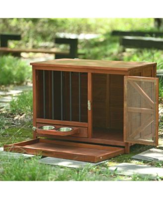  43" Solid Wood Dog Crate Furniture End Table with Rotating Feeder and Removable Tray