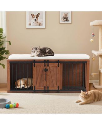 56" Walnut 2-in-1 Dog Crate Furniture with Padded Seat and Sliding Barn Door