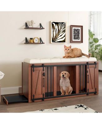 56" Walnut 2-in-1 Dog Crate Furniture with Padded Seat and Sliding Barn Door