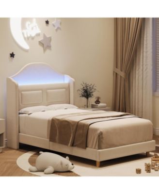 Princess Twin Velvet Upholstered Bed Frame, Wingback, LED Bookcase Headboard, 2 Pack, No Box Spring Required