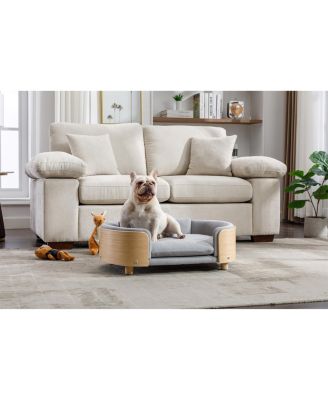  Mid-Size Light Grey  Scandinavian Elevated Dog Bed with Solid Wood Legs and Velvet Cushion