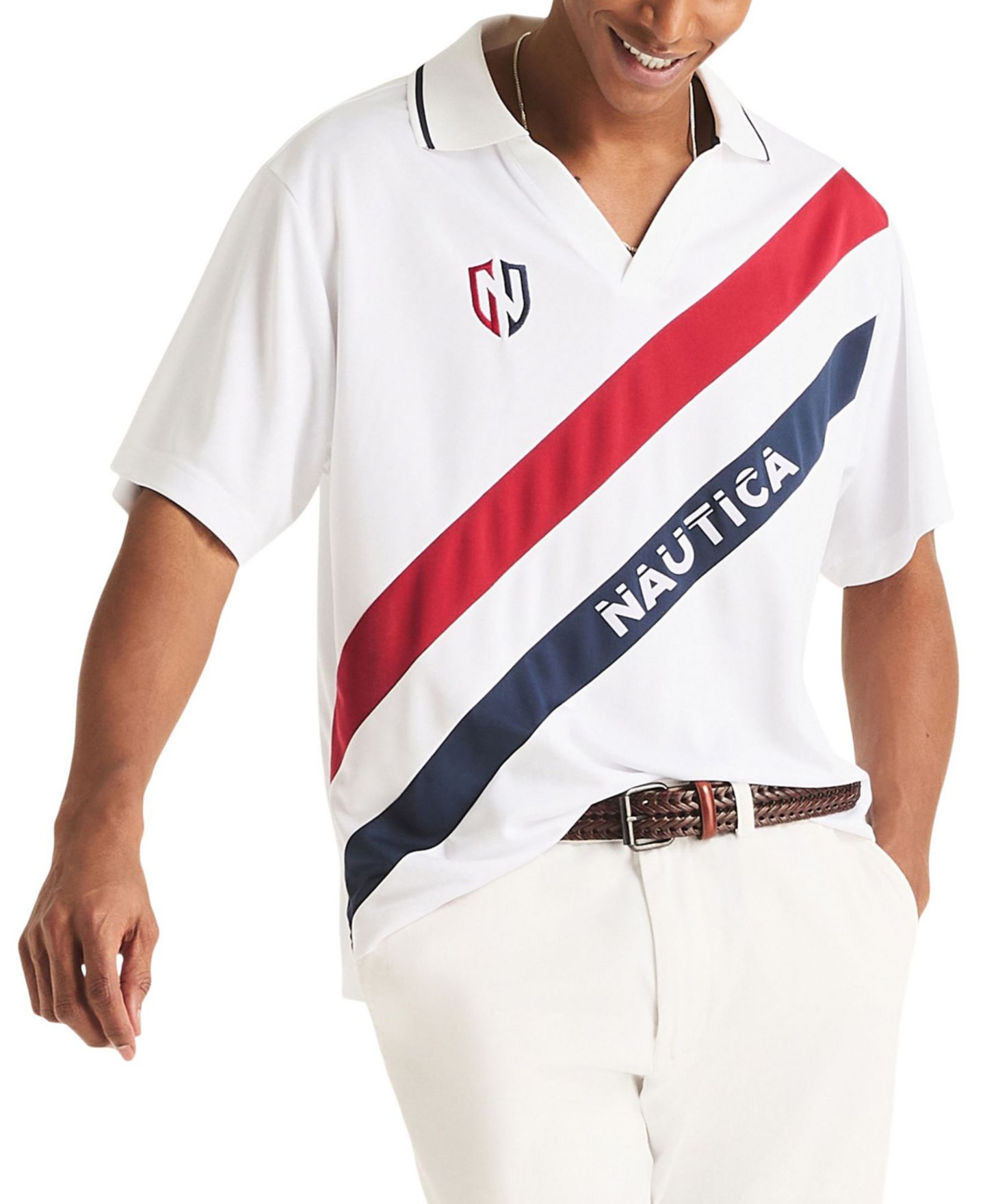 Мужское поло Nautica Diagonal Blocking Johnny Collar Polo Shirt, цвет: Молочный белый — фото 3