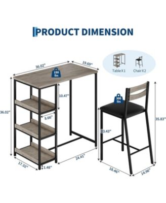 3-Piece Kitchen Table Set with Storage & 2 Upholstered Chairs, Industrial Iron & Wood, Space Saving for Apartments