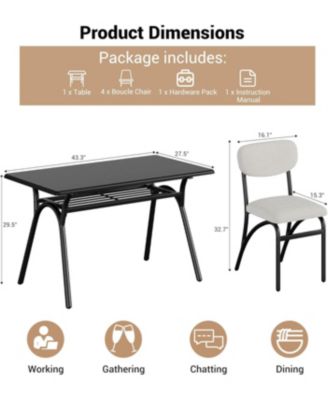 5-Piece Dining Table Set for 4, Rectangular Table with Storage Rack, Boucle Dining Chairs