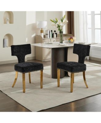 Dining Chairs Set of 2 - Chenille Fabric Upholstered Kitchen Chairs with Curved Backrest, Golden Stainless Steel Legs for Dining Room