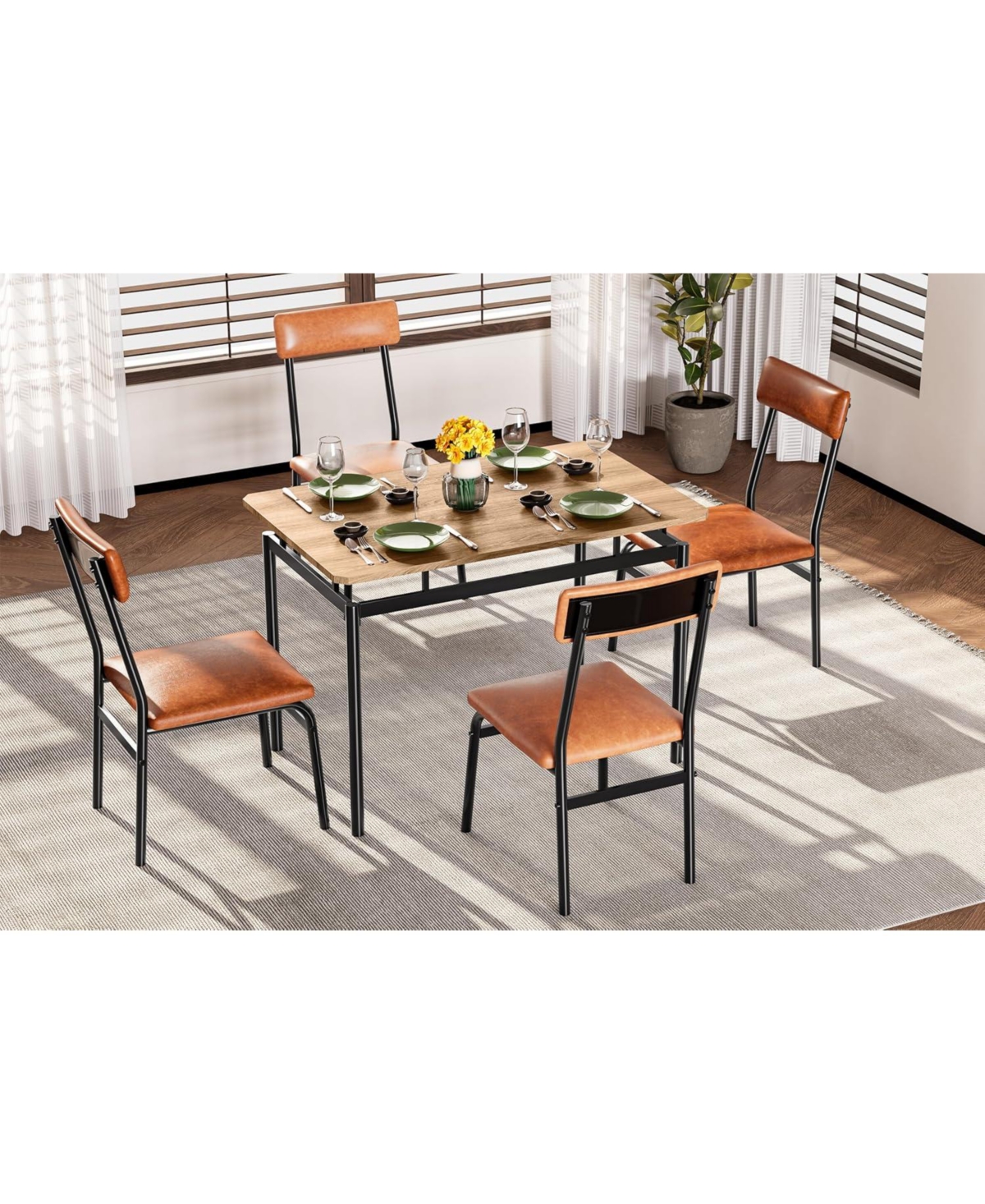 gaomon 5-Piece Dining Table Set for 4, Wooden Kitchen Table, Pu Upholstered Chairs, Industrial Frame, Home or Studio