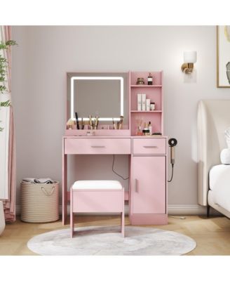 Makeup Vanity Table with LED Light Mirror, Charging Station, 2 Drawers and Storage Cabinet, Dressing Table Set with Stool for Bedroom