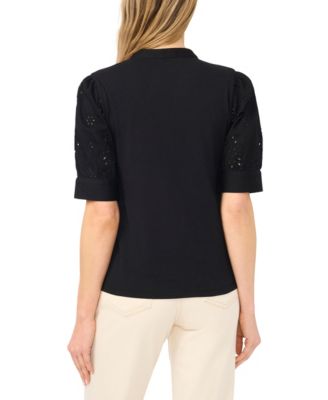 Women's Henley Puff-Sleeve Cotton Top