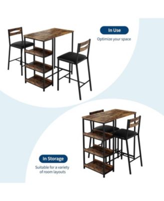 3-Piece Kitchen Table Set with Storage Shelves & 2 Upholstered Chairs, Space-Saving Iron & Wood Set for Apartments