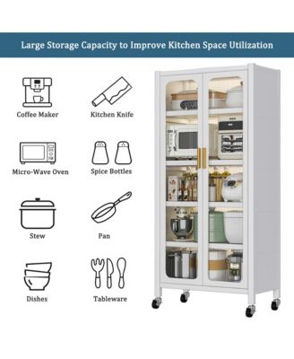 5 Tier Metal Display Storage Cabinet with Transparent Door, Adjustable Shelves and Wheels, Food Pantries Cabinets for Kitchen, Dining Room