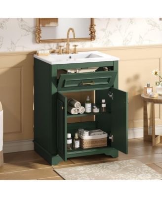24" Bathroom Vanity with Ceramic Sink, Modern Freestanding MDF Cabinet, Tip-Out Drawer Soft Close Door for Small Bathrooms