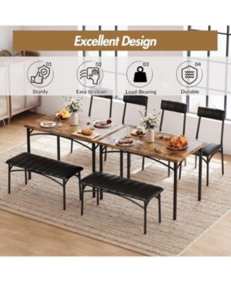 5 Piece Dining Set for 4, Rectangular Metal Frame Table with Bench & Upholstered Chairs, Compact Table for Small Spaces