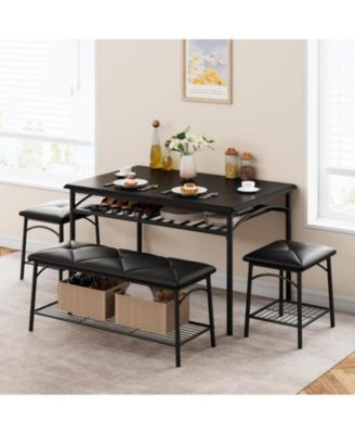 Industrial 4-Piece Dining Table Set for 4, Wood Tabletop Table, 2 Padded Chairs & Bench, Metal Frame Set with Storage