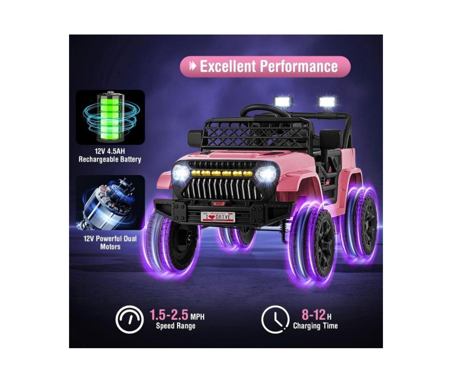 Детская игрушка HONGGE 12V Electric Ride-On Truck with Remote Control and LED Lights, 1-Seat, Ages 3-10, цвет: Розовый — фото 7