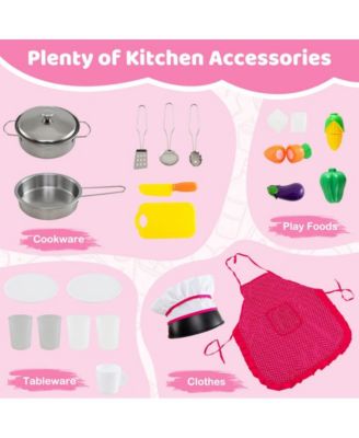 2 Piece Wooden Kids Play Kitchen Set with Refrigerator Sink Stove and Realistic Lights and Sounds