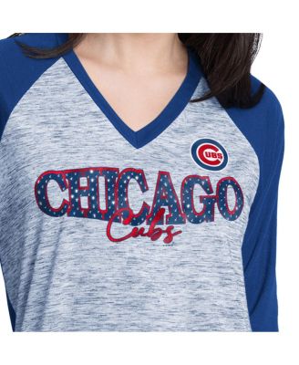Women's Royal/Heather Gray Chicago Cubs Speed Training 3/4-Sleeve Rhinestone V-Neck T-Shirt