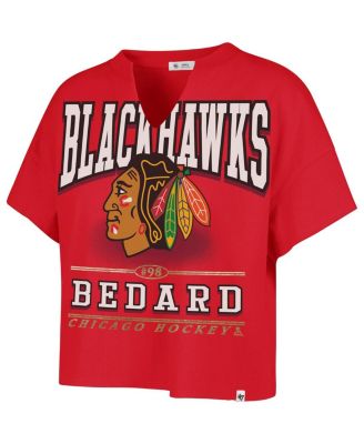 Women's Connor Bedard Red Chicago Blackhawks Elation Name & Number Oversized Notch Neck T-Shirt