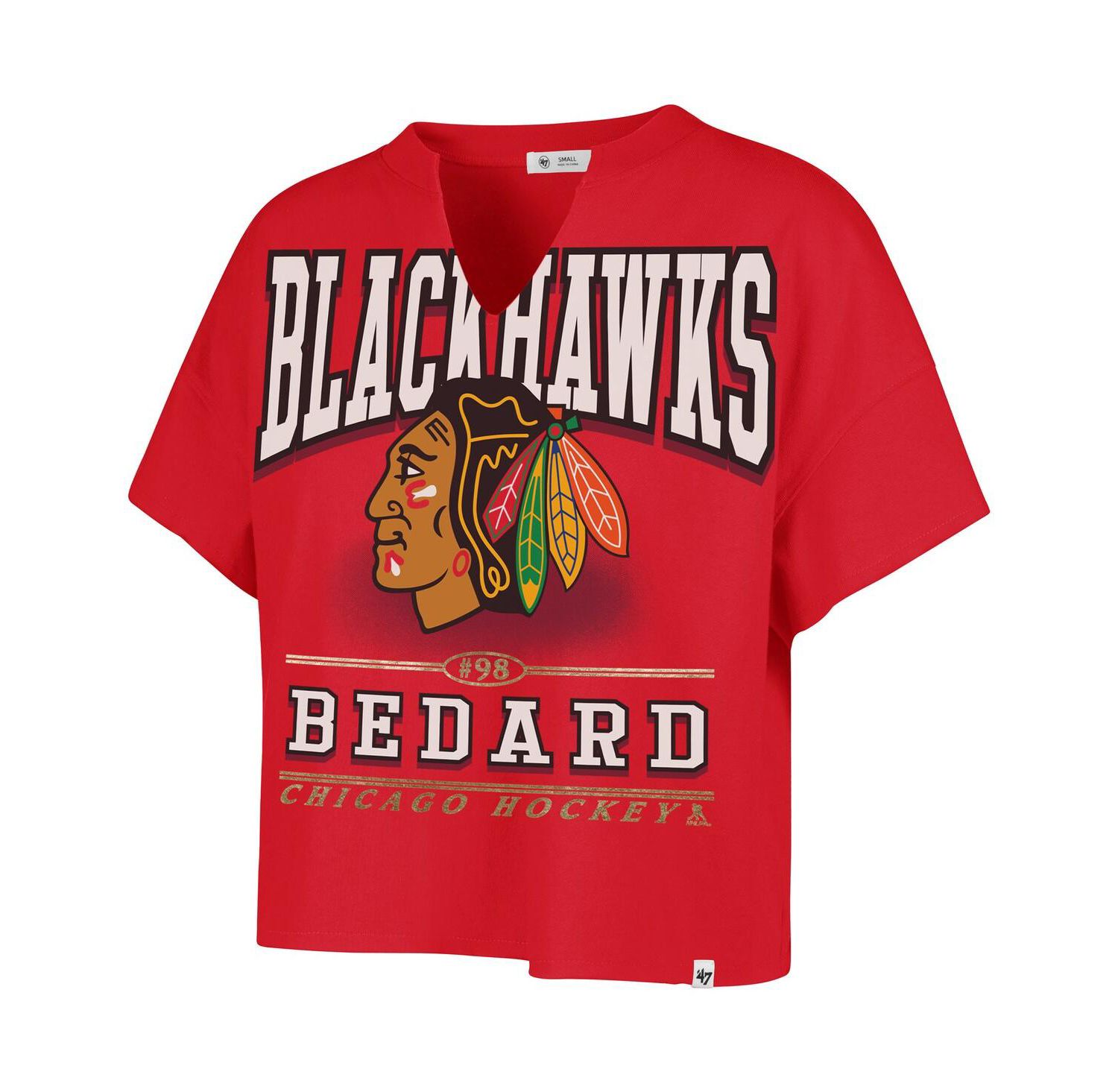 Women's Connor Bedard Red Chicago Blackhawks Elation Name & Number Oversized Notch Neck T-Shirt