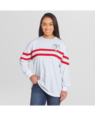Women's White Philadelphia Phillies Oversized Long Sleeve Striped T-Shirt