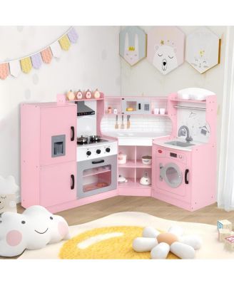 Kids Wooden Corner Play Kitchen Set with Storage and Pretend Cooking Features