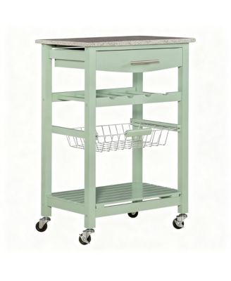 Granite top pine kitchen storage cart with casters and drawers