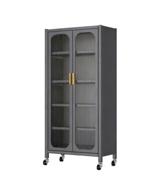 5 Tier Metal Display Storage Cabinet with Transparent Door, Adjustable Shelves and Wheels, Food Pantries Cabinets for Kitchen