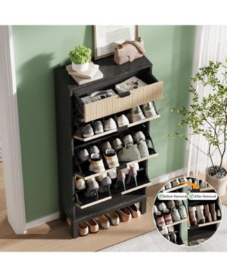 Shoe Storage Cabinet with 3 Flip Drawers Fluted Organizer Metal Legs Slim Entryway Rack