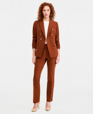Tahari Asl Petite Ruched Sleeve One Button Blazer Mid Rise Straight Leg Pants