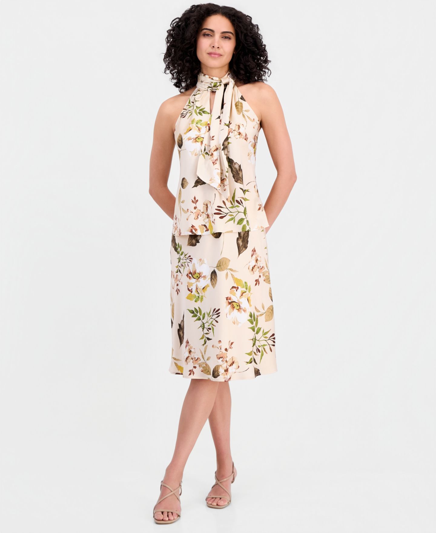 Женский топ Tahari ASL Sleeveless Floral Tie-Neck Top, цвет: Песочный с принтом — фото 2