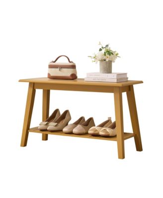 Modern wood entryway bench with storage shelf—space saving seating for hallways, bedrooms, living rooms, or narrow areas.