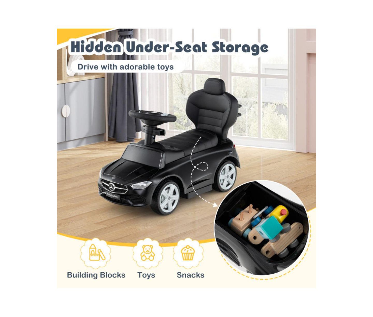 Детская игрушка HONGGE 3-in-1 Licensed Push Ride-On Car with Canopy, 33"L x 15.5"W x 35.5"H, 1-Player, Ages 18-36 Months, цвет: Чёрный — фото 8