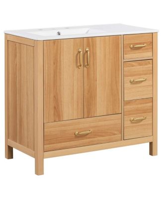36 Inch Bathroom Vanity with Ceramic Sink, Solid Wood & MDF, 4 Soft Close Drawers, Ample Storage for Small Spaces
