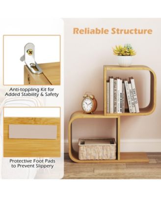 2-Tier S-Shaped Bamboo Bookcase with 2 Open Cubes for Living Room