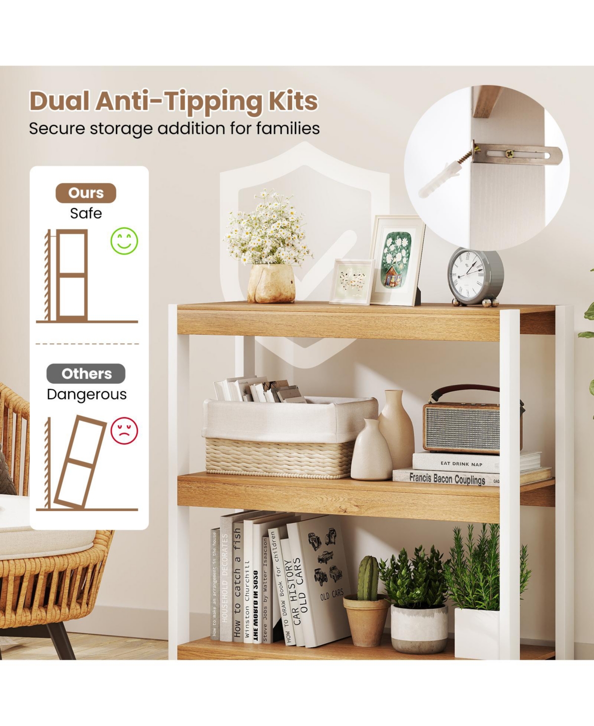 Sugift 3 Tier Bookshelf Wooden Bookcase with Dual Anti-Tipping Kits