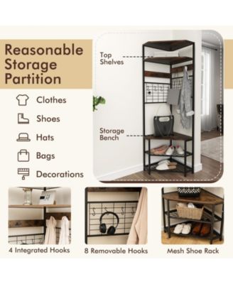 5-Tier Corner Hall Tree with Shoe Storage Bench-Rustic