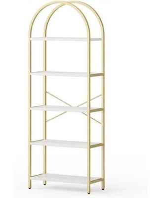 5-Tier Modern Arched Bookshelf, Tall Metal Bookcase,  Marble Veneer, Vertical Display for Office or Living Room