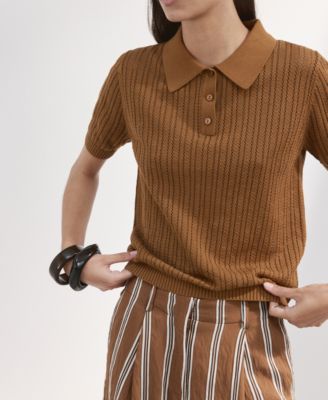 Women's Openwork Knitted Polo-Neck Sweater