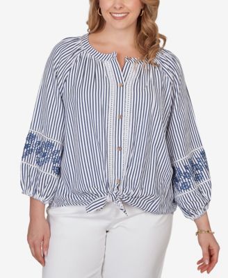 Plus Size Embroidered Seersucker Tie-Front Henley Top