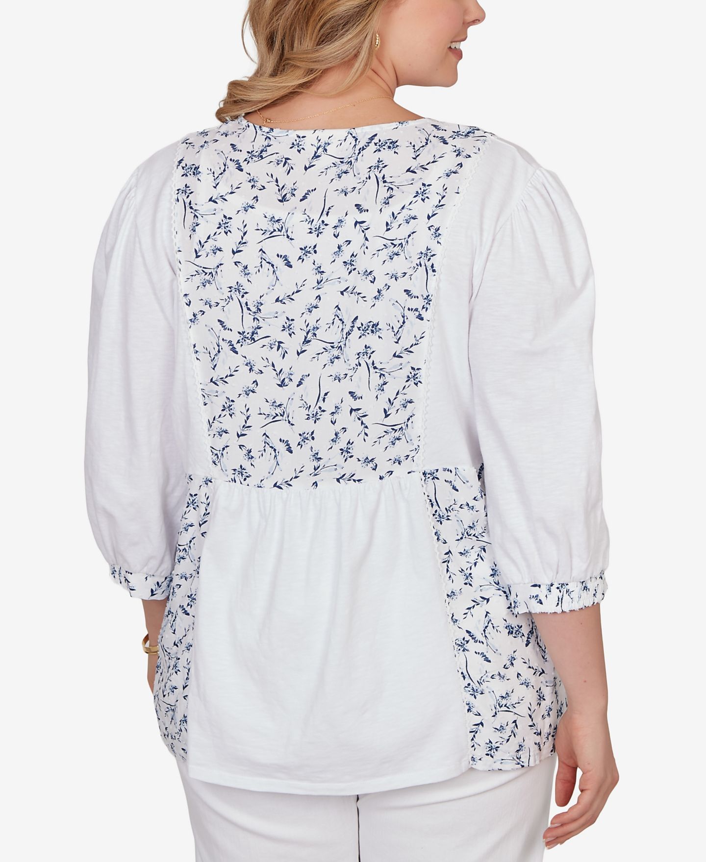 Женский топ Ruby Rd. Plus Size Mixed Fabric Sharkbite Knit, цвет: Фарфоровый синий разноцветный — фото 2