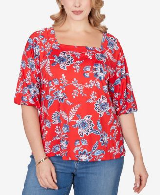 Plus Size Square Neck Floral Puff Print Top