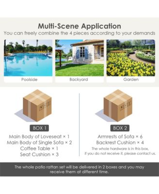 4PCS Patio Conversation Set Rattan Sofa Furniture Set w/ Off Cushions