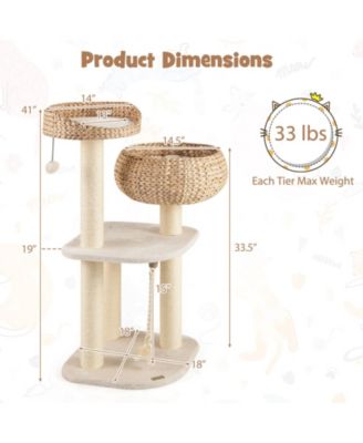 41'' Hand-Made Cat Tree Tower Natural Bowl Shaped w/ 2 Perch