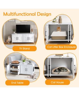 Cat Litter Box Enclosure for 2 Cats w/ Double Rooms Wooden Cat Washroom Cabinet