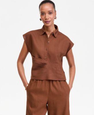 Women's Short Sleeve Linen-Blend Wrap Blouse