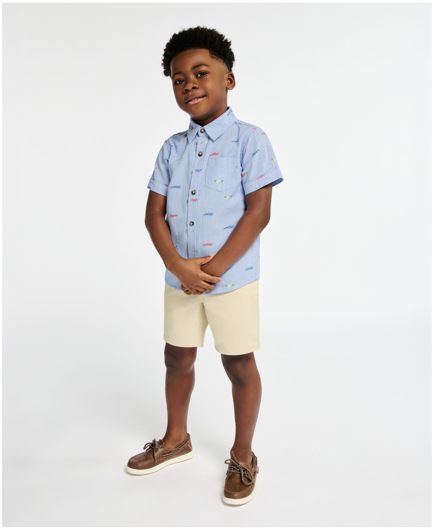 Комплект Kids Headquarters Short-Sleeve Racecar Print Oxford Shirt & Shorts, 2-Piece Set для мальчиков-малышей, цвет: Светлый синий / Бежевый — фото 2