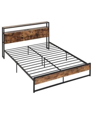 Industrial Platform Bed Frame with Charging Station Storage Headboard