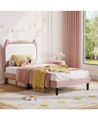 Twin Upholstered LED Bed Frame with Cat Headboard, Velvet Platform Bed Frame for Kids, Sturdy Slats