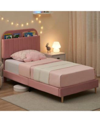 2 Twin Upholstered Bed Frames, Platform Bed with Bookcase Headboard, Velvet Mattress Foundation, Steel Support