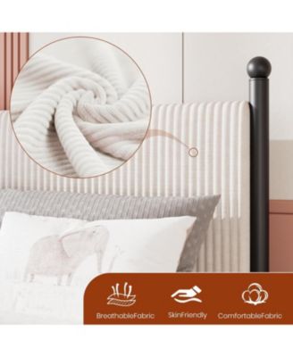 Twin Bed Frame with Velvet Headboard, Upholstered Corduroy Platform, Wood Slats Support